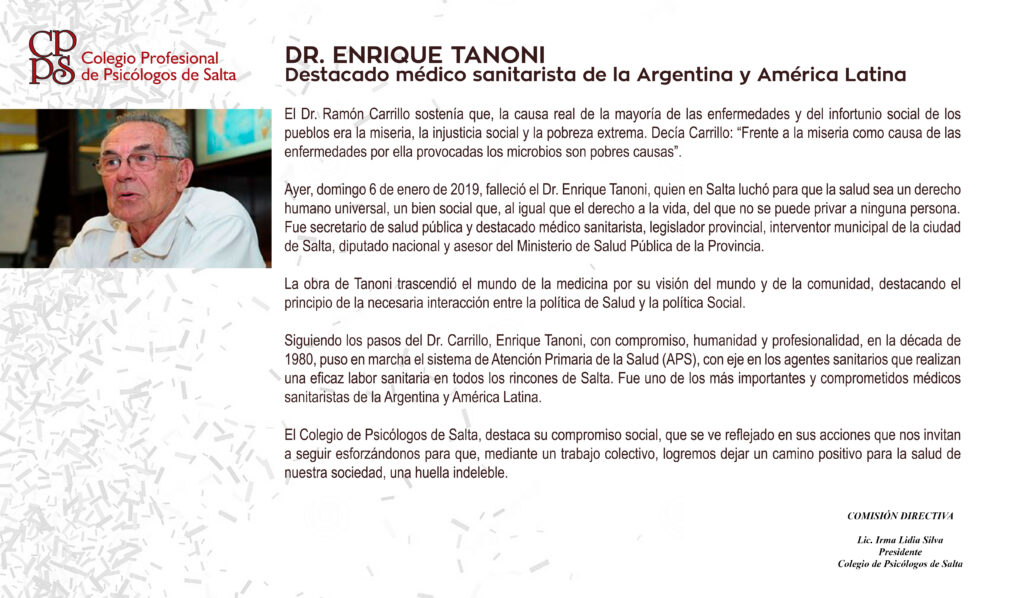 Dr. Enrique Tanoni: Destacado médico sanitarista de la Argentina y América Latina