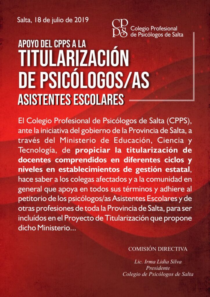 APOYO DEL COLEGIO DE PSICÓLOGOS DE SALTA A LA TITULARIZACIÓN DE PSICÓLOGOS/AS ASISTENTES ESCOLARES