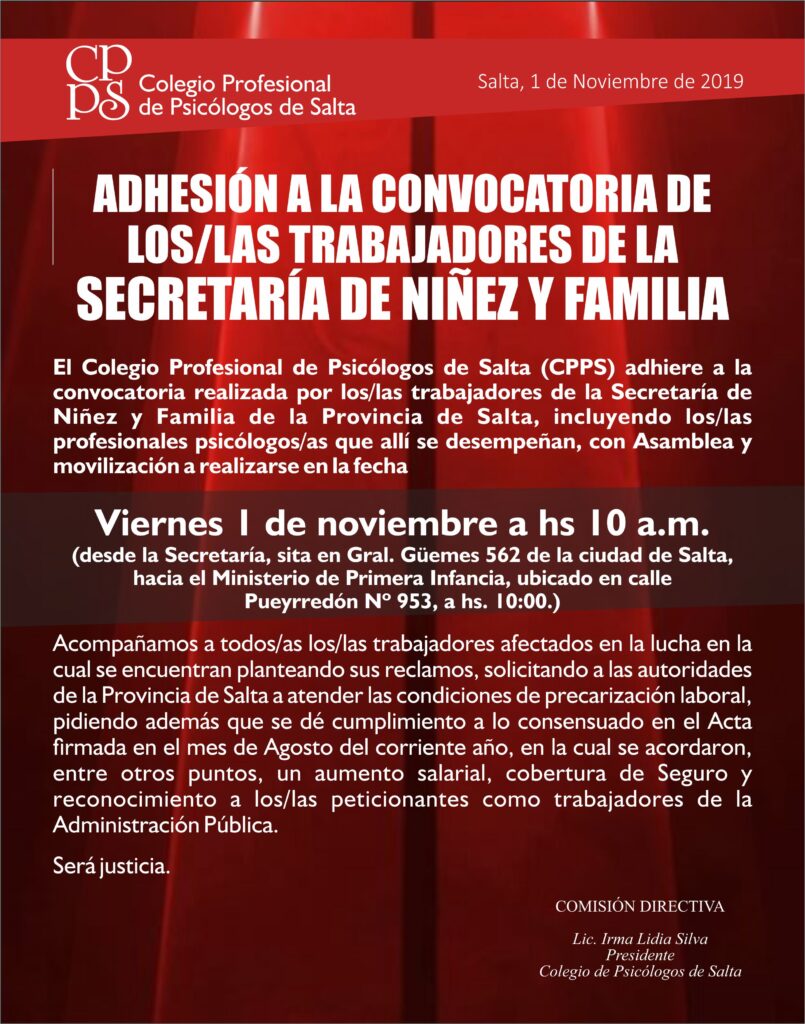 ADHESIÓN A LA CONVOCATORIA DE LOS/LAS TRABAJADORES DE LA SECRETARÍA DE NIÑEZ Y FAMILIA