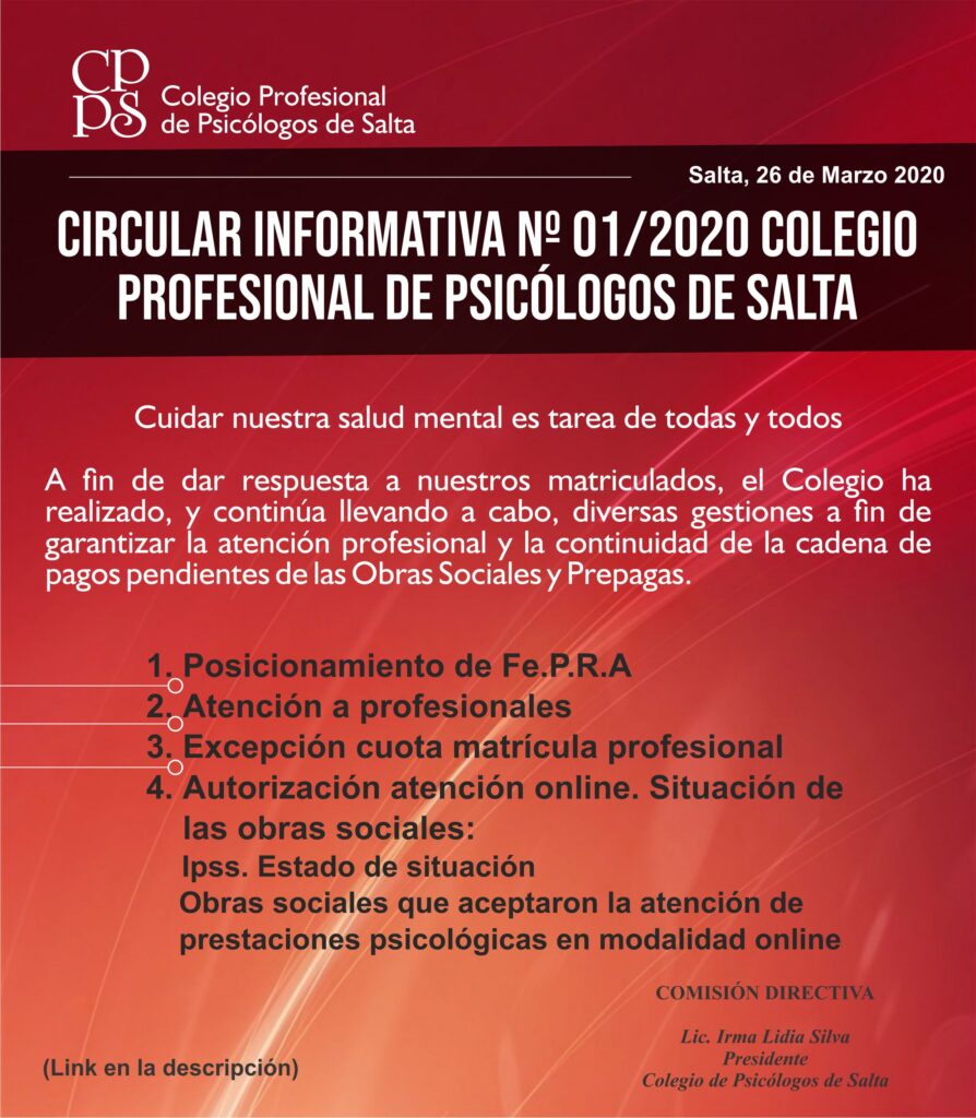 CIRCULAR INFORMATIVA Nº 01/2020 COLEGIO PROFESIONAL DE PSICOLOGOS DE SALTA