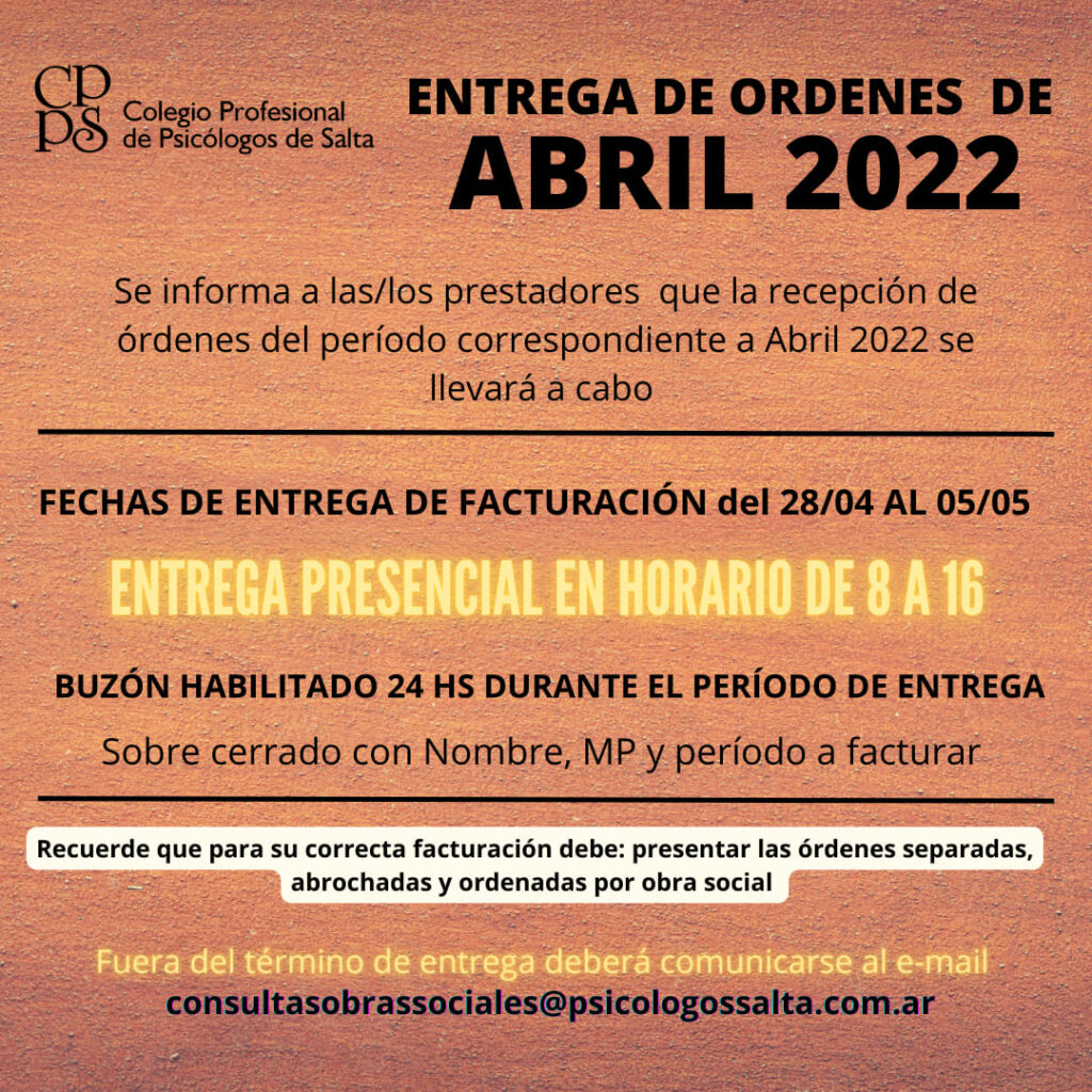 ENTREGA DE ORDENES PERIODO ABRIL 2022