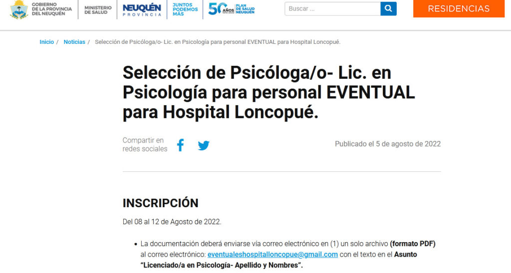SELECCIÓN DE PSICÓLOGA/O O LIC. EN PSICOLOGÍA PARA PERSONAL EVENTUAL PARA HOSPITAL LONCOPUÉ