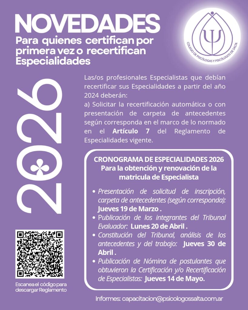 Cronograma de Especialidades 2026